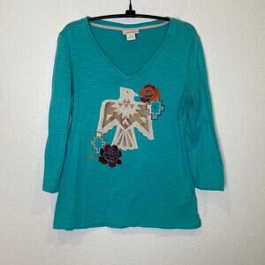 Ariat Lightweight Embroidered 3/4 Sleeve Diablo Tee EUC Sz M Teal Cotton Stretch